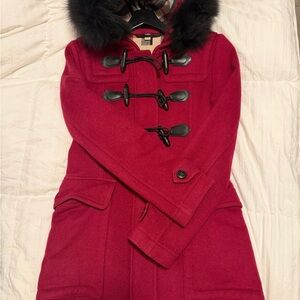 Burberry Red Trench Coat with Black Faux Fur Hood